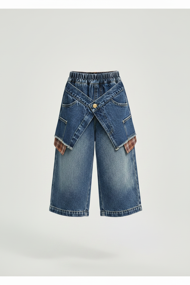 Pantalon Jupe Denim Large Croisé Décontracté Enfant - Bleu Jean - vue 3
