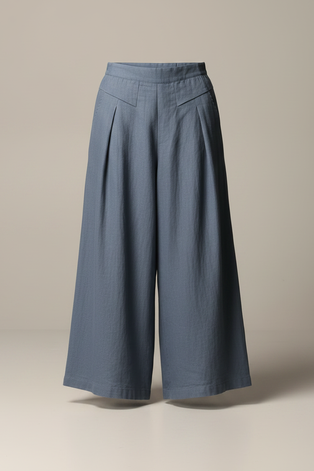 Pantalon Jupe Ample Coton Lin Bleu Plissé - vue 3