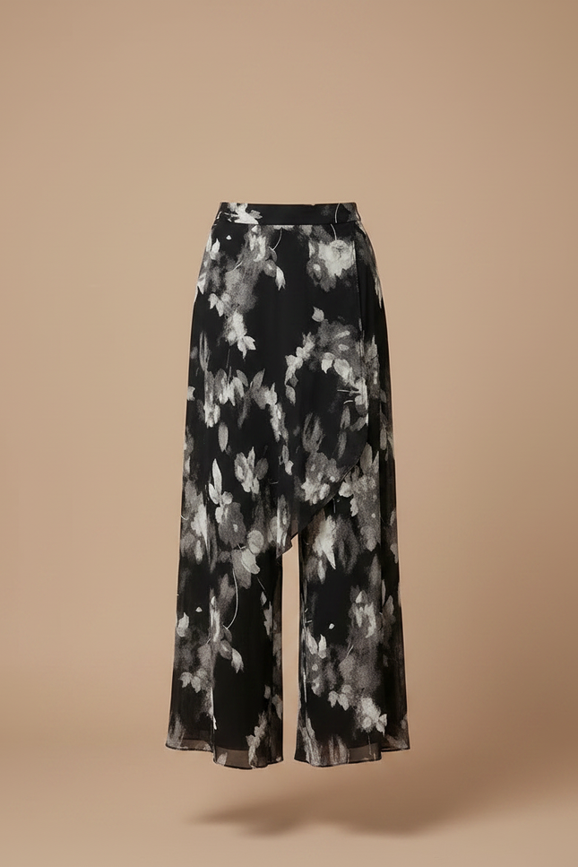 Pantalon Jupe Noir Floral Fluide Ample Élégant - Polyester - vue 3