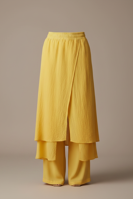Pantalon Jupe Jaune Superposé Fluide Élégant Femme - Lin - vue 3