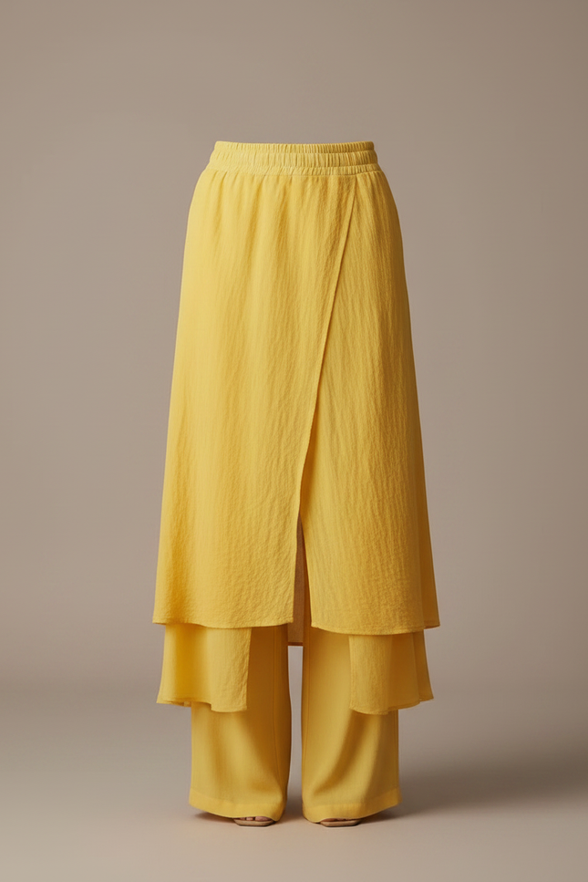 Pantalon Jupe Jaune Superposé Fluide Élégant Femme - Lin - vue 3
