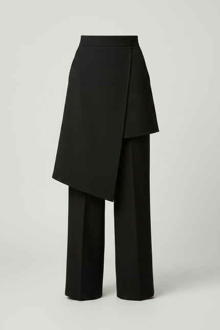 Pantalon Jupe Noir Asymétrique Superposé Élégant Fluide - Gabardine - vue 3