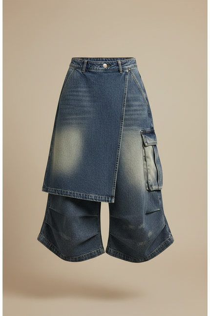 Pantalon Jupe Denim Bleu Dégrippé Ample Cargo - Jean - vue 3