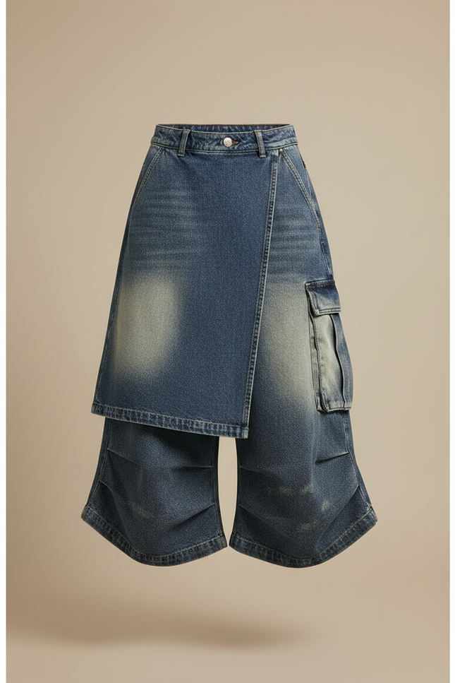 Pantalon Jupe Denim Bleu Dégrippé Ample Cargo - Jean - vue 3