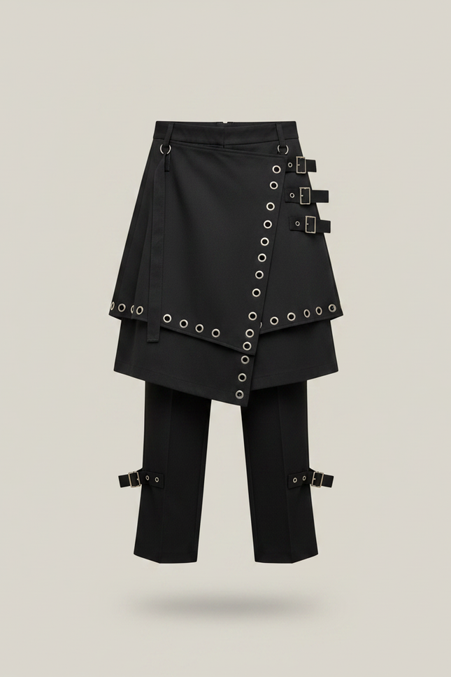 Pantalon Jupe Noir Asymétrique Gothique Punk Boucles - Polyester - vue 3