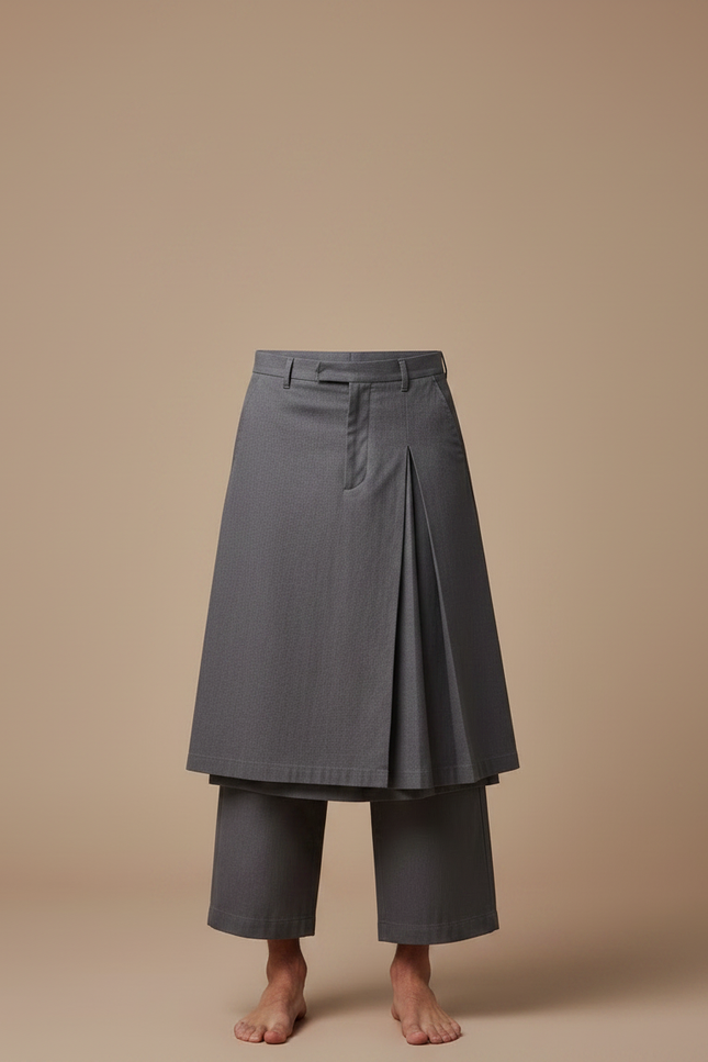 Pantalon Jupe Gris Plissé Superposé Ample Homme - Gabardine - vue 3
