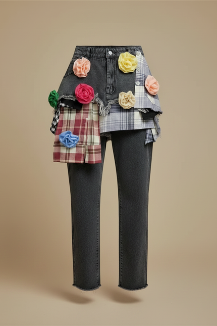 Pantalon Jupe Denim Plaid Déstructuré Fleurs Mini Femme - Multicolore Jean - vue 3