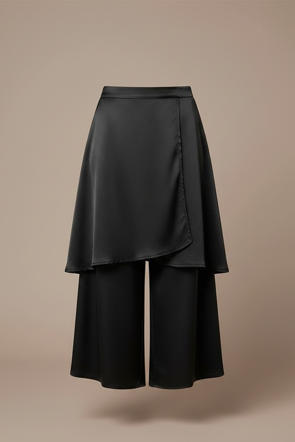 Pantalon Jupe Noir Satiné Superposé Fluide Élégant - vue 3