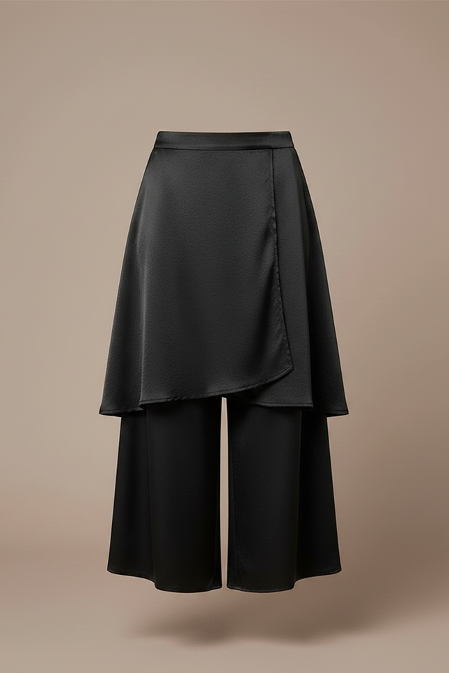 Pantalon Jupe Noir Satiné Superposé Fluide Élégant - vue 3