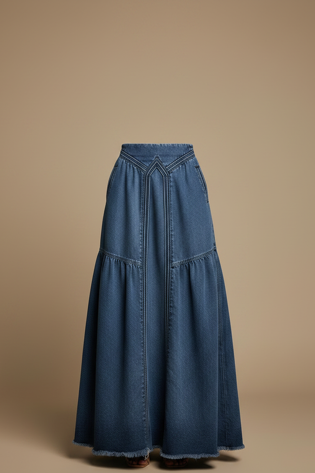 Pantalon Jupe Longue Denim Taille Haute Ample - Bleu Jean - vue 3