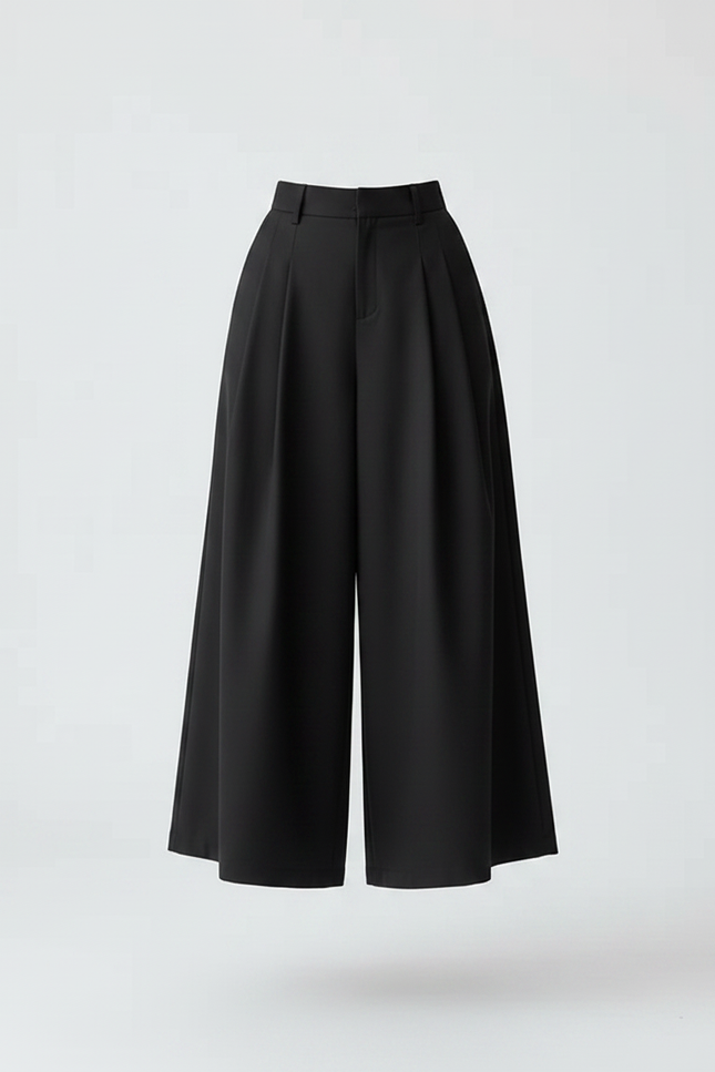 Pantalon Jupe Noir Plissé Ample Taille Haute Élégant - Polyester - vue 3