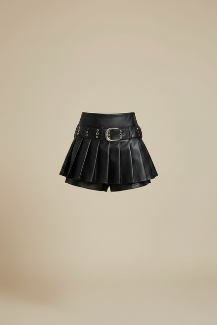 Pantalon Jupe Noir Plissé Cuir Boucles Mini - vue 3