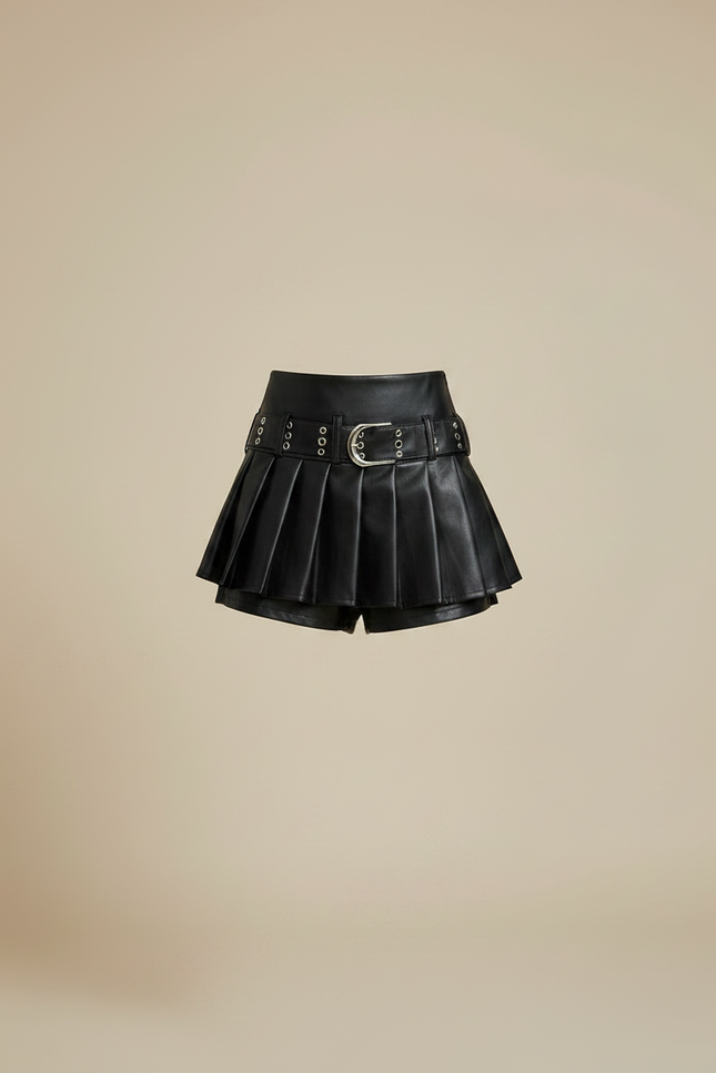 Pantalon Jupe Noir Plissé Cuir Boucles Mini - vue 3