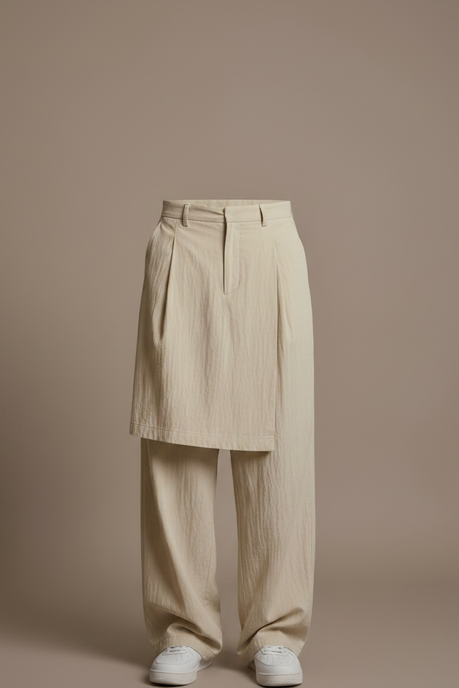 Pantalon Jupe Beige Lin Ample Superposé Décontracté - vue 3