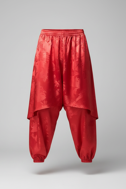 Pantalon Jupe Rouge Soie Ample Harem Motif Floral - vue 3