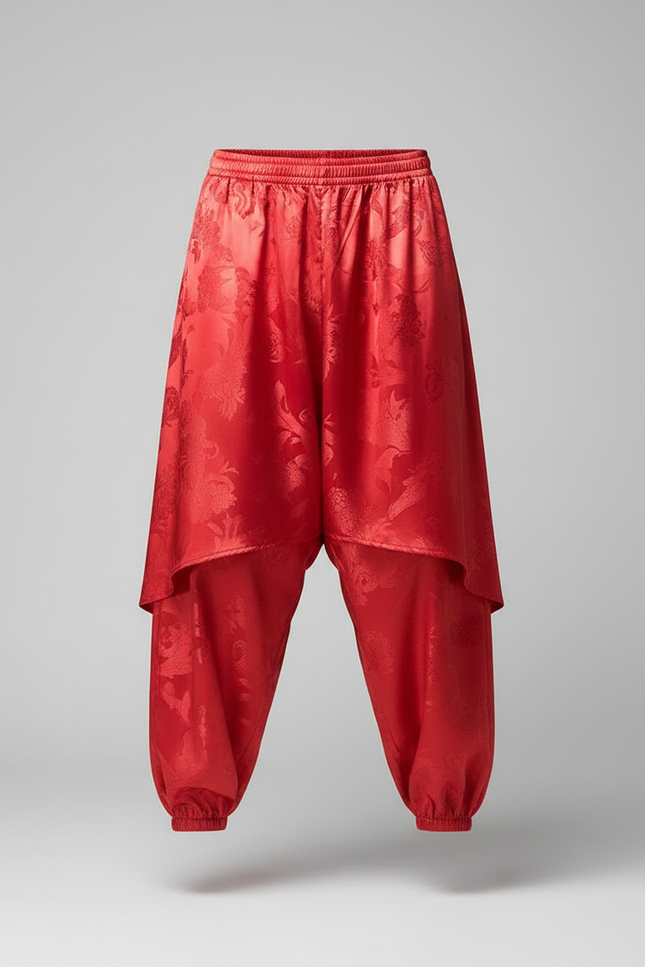 Pantalon Jupe Rouge Soie Ample Harem Motif Floral - vue 3