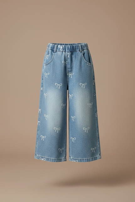 Pantalon Jupe Denim Ample Imprimé Nœuds Enfant - Bleu Jean - vue 3