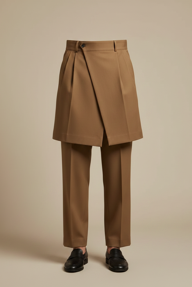 Pantalon Jupe Marron Plissé Élégant Homme Chic - Gabardine - vue 3