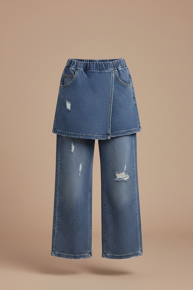 Pantalon Jupe Denim Bleu Ample Superposé Fille - Jean - vue 3