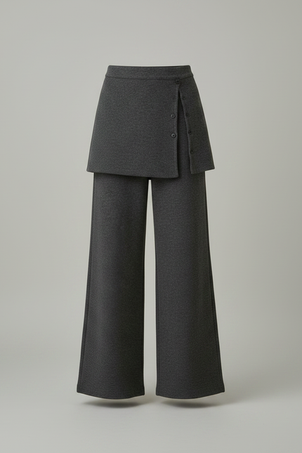 Pantalon Jupe Gris Évasé Boutonné Élégant Hiver - Maille - vue 3