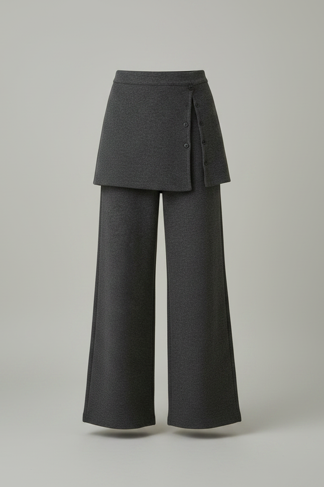 Pantalon Jupe Gris Évasé Boutonné Élégant Hiver - Maille - vue 3
