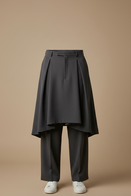 Pantalon Jupe Gris Plissé Ample Superposé Homme - Polyester - vue 3