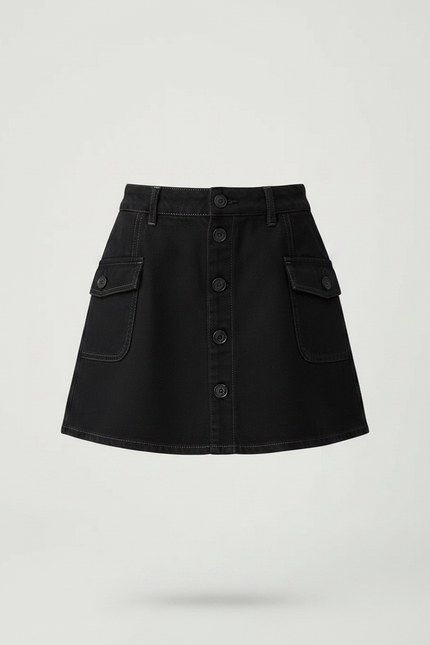 Pantalon Jupe Noir Denim Boutonné Fille Décontracté - Jean - vue 3