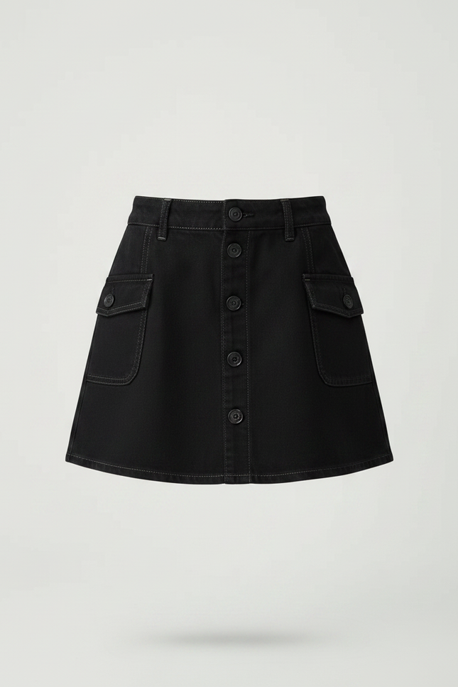 Pantalon Jupe Noir Denim Boutonné Fille Décontracté - Jean - vue 3