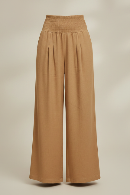 Pantalon Jupe Marron Ample Fluide Smocké Décontracté - Lin - vue 3