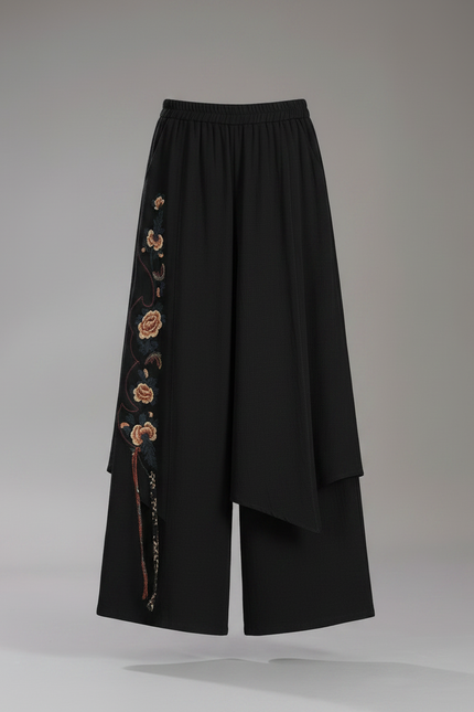 Pantalon Jupe Noir Brodé Ample Asymétrique Élégant - Polyester - vue 3