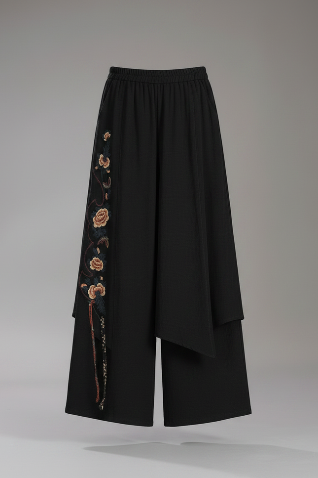 Pantalon Jupe Noir Brodé Ample Asymétrique Élégant - Polyester - vue 3