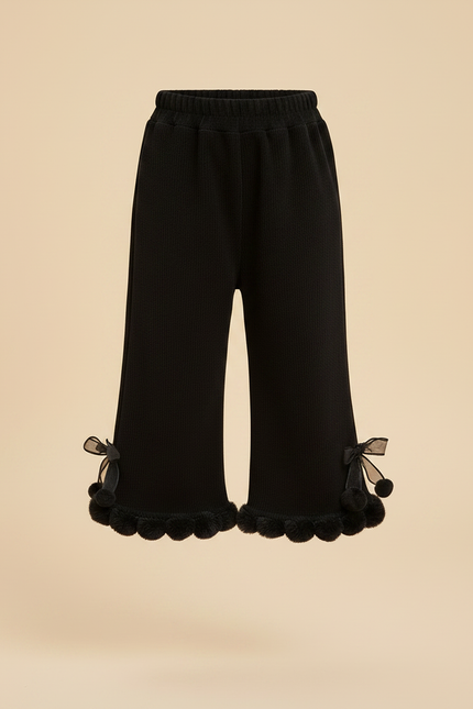 Pantalon Jupe Noir Côtelé Évasé Pompons Fille - Maille - vue 3