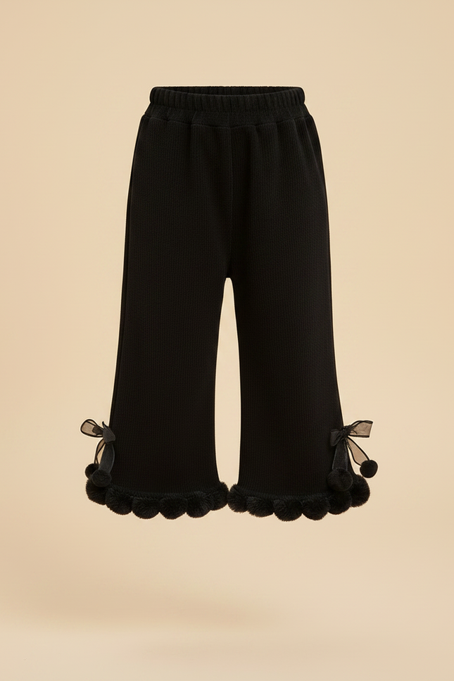 Pantalon Jupe Noir Côtelé Évasé Pompons Fille - Maille - vue 3