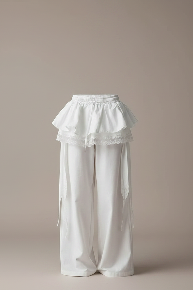 Pantalon Jupe Blanc Superposé Fluide Ample Décontracté Dentelle - Toile - vue 3