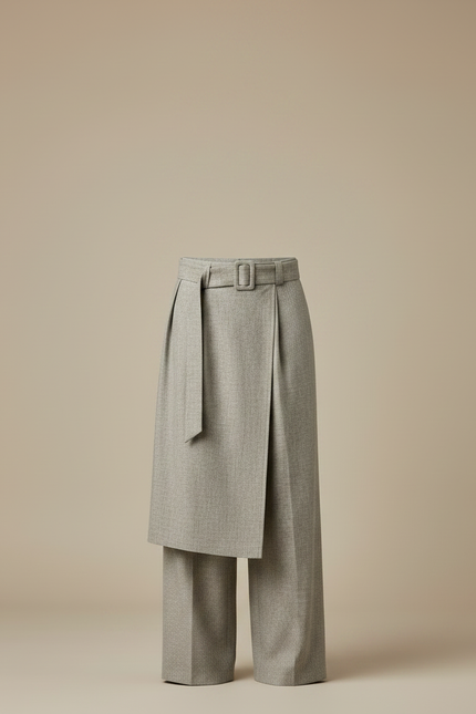 Pantalon Jupe Gris Plissé Ceinturé Ample Asymétrique Élégant - Tweed - vue 3