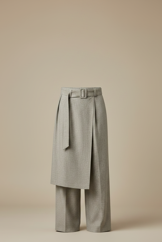 Pantalon Jupe Gris Plissé Ceinturé Ample Asymétrique Élégant - Tweed - vue 3