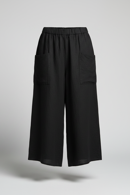 Pantalon Jupe Noir Lin Ample Décontracté Fendu Long - vue 3
