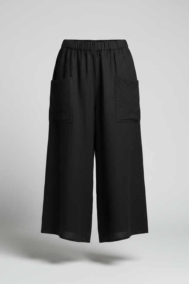Pantalon Jupe Noir Lin Ample Décontracté Fendu Long - vue 3