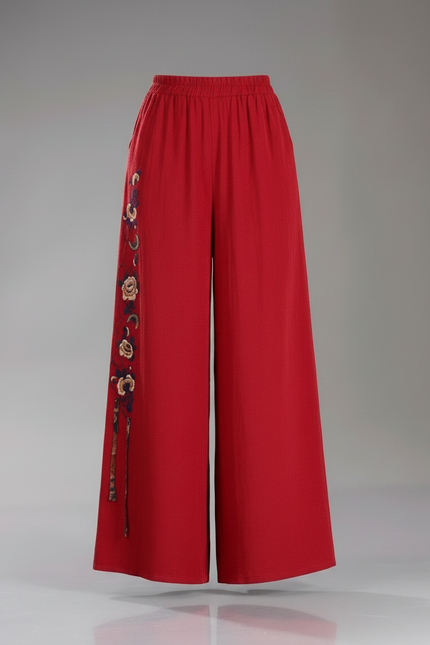 Pantalon Jupe Rouge Brodé Ample Fluide Élégant - Lin - vue 3