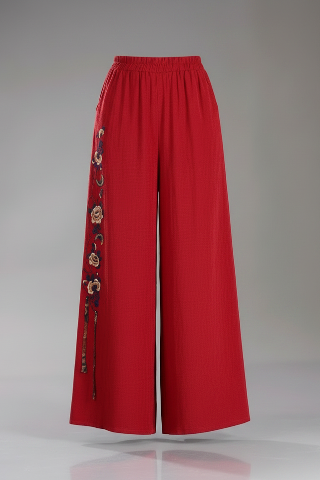 Pantalon Jupe Rouge Brodé Ample Fluide Élégant - Lin - vue 3