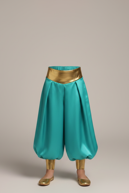 Pantalon Jupe Turquoise Satiné Drapé Doré Enfant - Bleu - vue 3