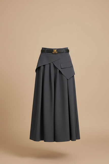 Pantalon Jupe Gris Plissé Asymétrique Longue Élégante - Polyester - vue 3
