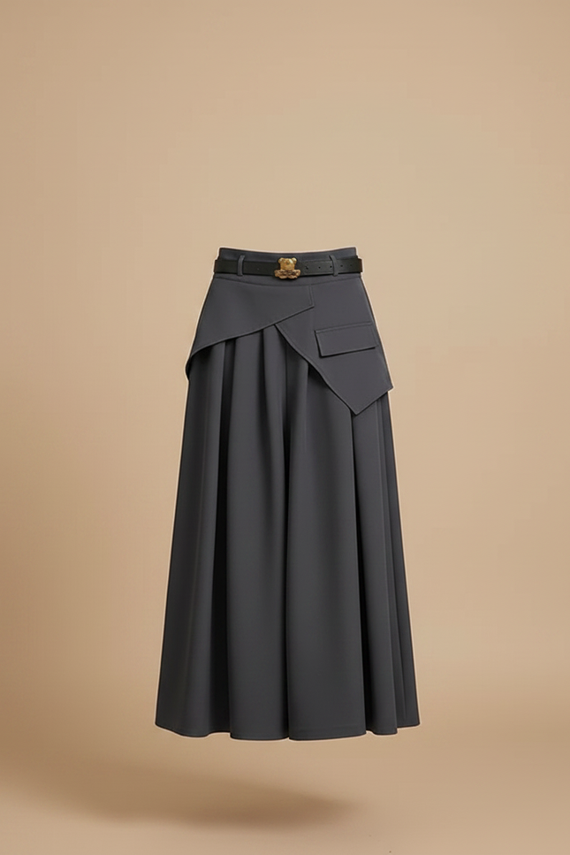 Pantalon Jupe Gris Plissé Asymétrique Longue Élégante - Polyester - vue 3