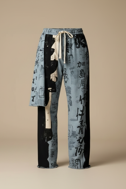 Pantalon Jupe Bleu Imprimé Calligraphie Asymétrique Décontracté Homme - Jean - vue 3