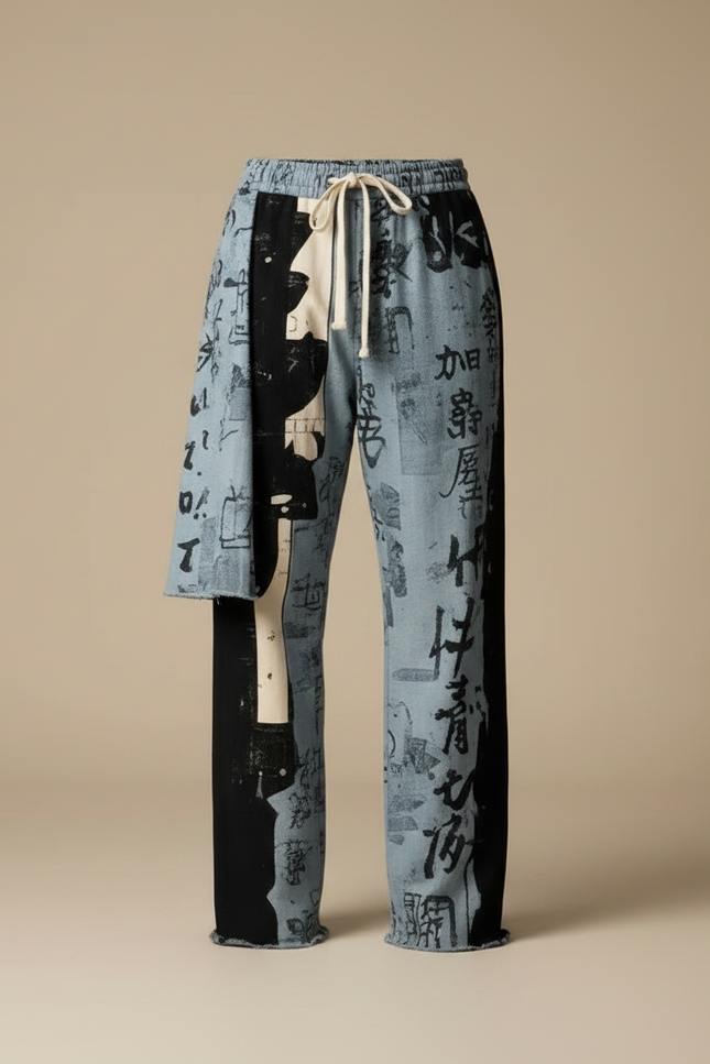 Pantalon Jupe Bleu Imprimé Calligraphie Asymétrique Décontracté Homme - Jean - vue 3