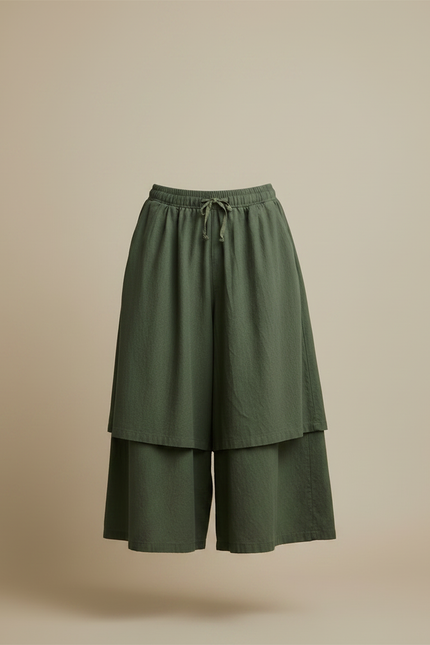 Pantalon Jupe Vert Militaire Ample Superposé Lin - Kaki - vue 3