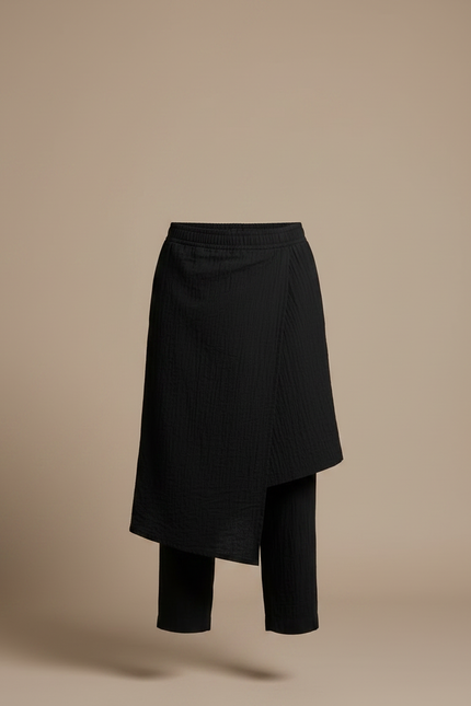 Pantalon Jupe Noir Superposé Texturé Ample Décontracté - Coton - vue 3