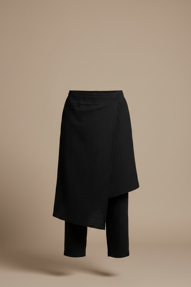Pantalon Jupe Noir Superposé Texturé Ample Décontracté - Coton - vue 3