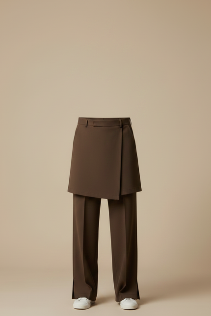 Pantalon Jupe Marron Ample Superposé Minimaliste Élégant - Polyester - vue 3