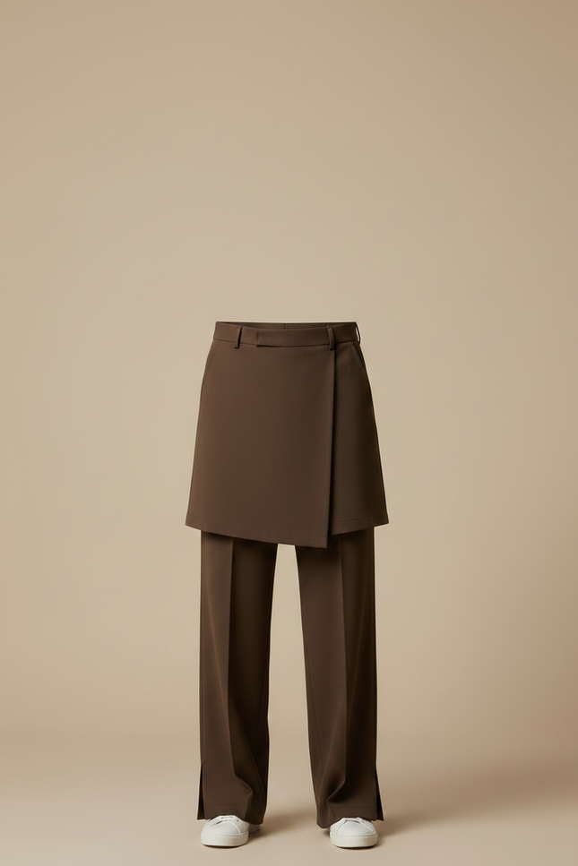Pantalon Jupe Marron Ample Superposé Minimaliste Élégant - Polyester - vue 3